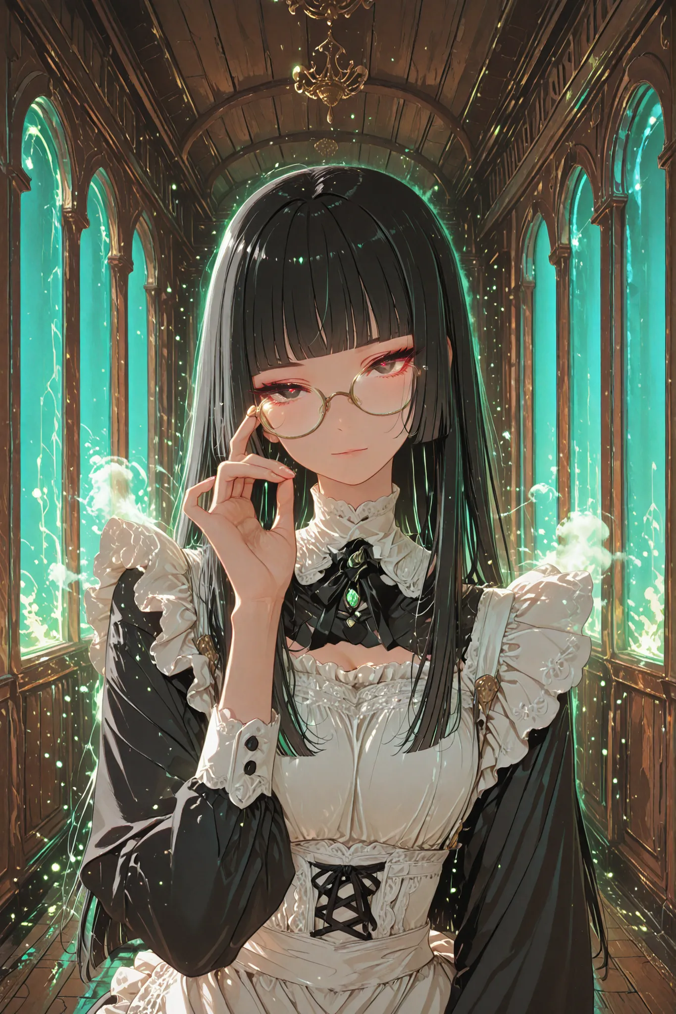 rich,bck,beautiful girl, elegant maid, long black straight hair, hime cut, blunt bangs, black eyes, composed and calm expression, slowly adjusting her glasses with one hand, subtle tension in gesture, faint magical green glow leaking from the gap in glasse...