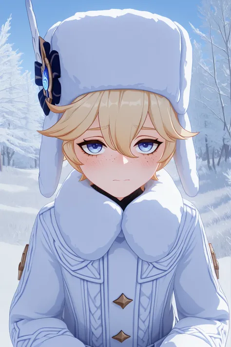 masterpiece, best quality, amazing quality, G3NSHIN, genshin impact style, 3d, 1boy, male, messy short blonde hair, blue eyes, ushanka, white winter clothes, freckles, blushing
