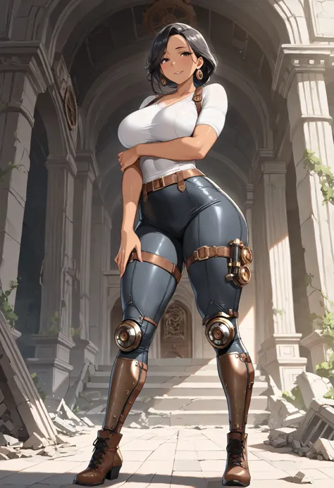 (masterpiece, best quality:1.2), highly detailed, nsfw, rated_excited, solo, 1 girl, mature woman, a female giant, brwon tan skin, black hair, athletic body, mechanic legs, steampunk legs, fighter clothes, temple ruins n background, fan art, character desi...