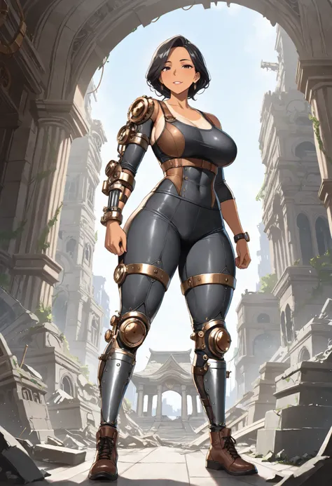 (masterpiece, best quality:1.2), highly detailed, nsfw, rated_excited, solo, 1 girl, mature woman, a female giant, brwon tan skin, black hair, athletic body, mechanic legs, steampunk legs, fighter clothes, temple ruins n background, fan art, character desi...