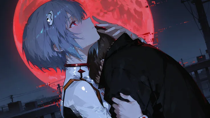 A Shinji Ikari hugging a Rei Ayanami from behind , 
1 girl , 1 boy , couple , 
1 girl , Rei Ayanami , The girl raises her face and sheds tears , Looking up at the sky with a slightly fearful gaze , the girl grabs the boy's arm , Blue hair short wolf cut , ...