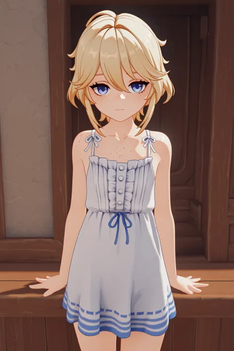 masterpiece, best quality, amazing quality, G3NSHIN, genshin impact style, 3d, 1boy, male, messy short blonde hair, blue eyes, freckles, summer clothing, smilling 