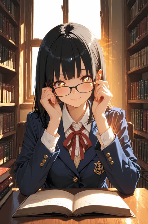 Beautiful anime-style Japanese schoolgirl sitting quietly in an old-fashioned library, softly removing her glasses with both hands. Her gentle smile and sparkling eyes are revealed, exuding hidden beauty and intelligence. She wears a classic school uniform...