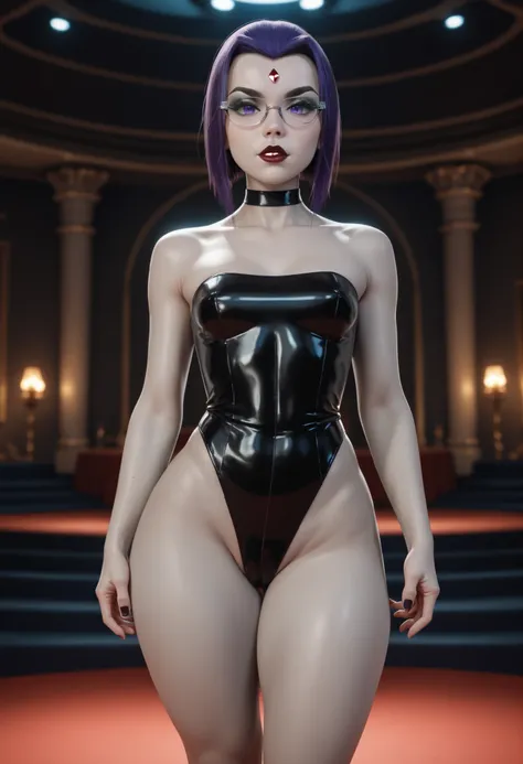 rachel roth, colored skin, grey skin, purple hair, medium hair, forehead jewel, purple eyes, flat breast, huge hips, dark red lips.| highres,absurdres,masterpiece,best quality,original,extremely detailed CG,extremely detailed wallpaper,perfect lighting,loo...