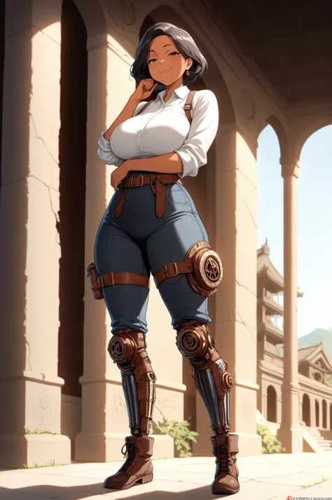 
masterpiece, best quality, amazing quality, very aesthetic, high resolution, newest, hyper-detailed, (long shot), solo, 1girl mature woman, half-giant, black hair, short gang hair, african tan skin, smug smile, mechanic legs, steampunk legs,fighter clothe...