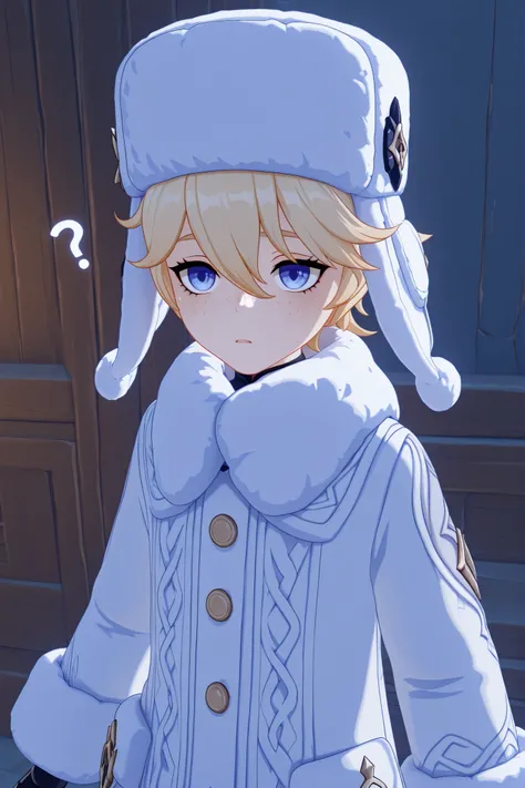 masterpiece, best quality, amazing quality, G3NSHIN, genshin impact style, 3d, 1boy, male, messy short blonde hair, blue eyes, ushanka, white winter clothes, freckles, confused 