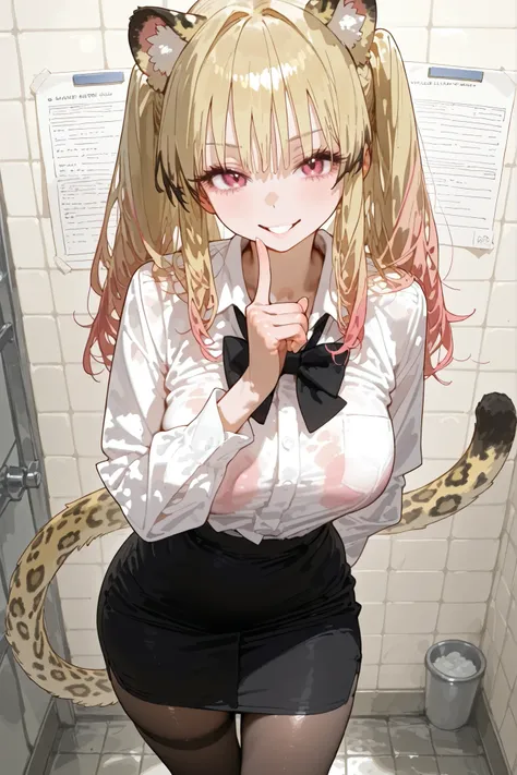1 girl Voluminous Hair Sparkling Blonde Pink hair tips voluminous lashes pink eyes Beast Ears Leopard Ears 金色の Beast Ears golden tail leopard tail white blouse black tight skirt formal look mellow coloring very big breasts smooth skin High Definition prec...