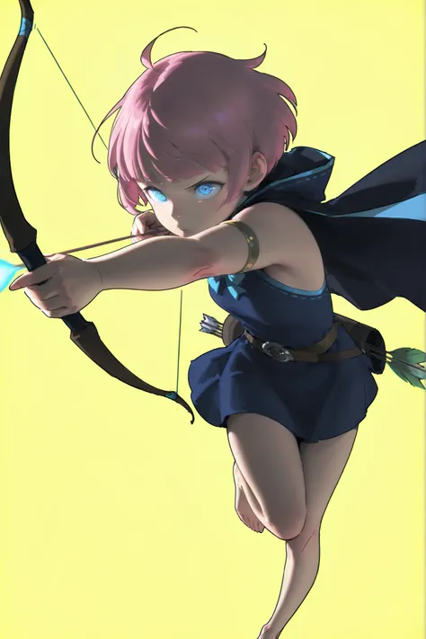Gorgeous, athletic body , archercr, pink hair, short hair, blunt bangs, blue eyes, cape, dress, sleeveless, belt, armlet, quiver, barefoot, bow (weapon), , intricate sketch, expressive eyes, nose and mouth, archery pose, 2d, solo leveling art style