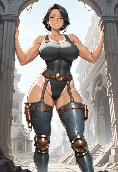 (masterpiece, best quality:1.2), highly detailed, nsfw, rated_excited, solo, 1 girl, mature woman, a female giant, brwon tan skin, black hair, athletic body, mechanic legs, steampunk legs, fighter clothes, temple ruins n background, fan art, character desi...