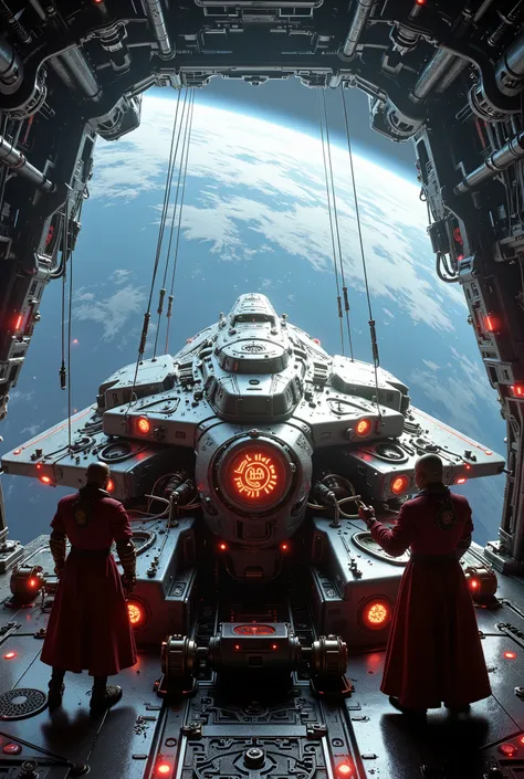 A hard sci-fi orbital docking bay suspended in low Earth orbit, overlooking the curved blue limb of Earth with glowing auroras and thin cloud bands visible below. SV01 Cislunar Commuter docked on a magnetic alignment rail, its modular hull forged from matt...