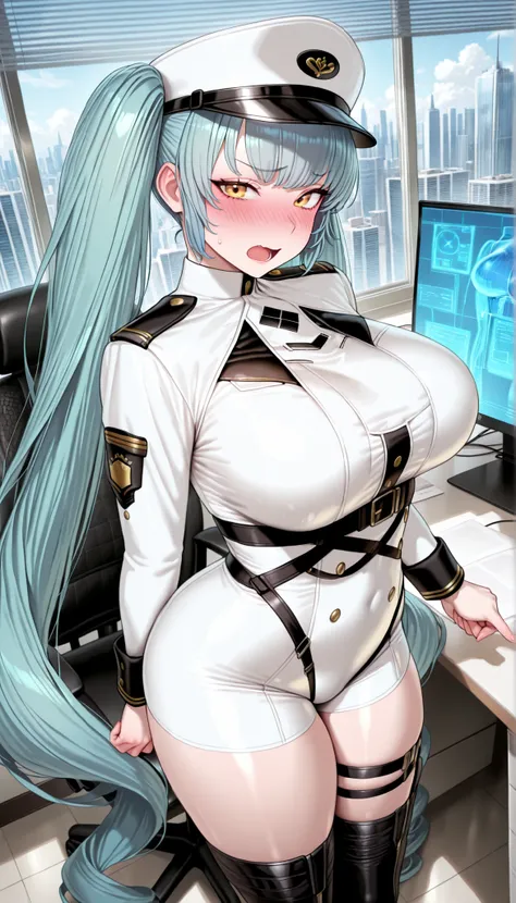 (masterpiece), ((best quality),  amazing quality, very aesthetic, absurdres, newest, scenery,  1girl, solo, privdf, yellow eyes, aqua hair, twin tails, very long hair, bangs, peaked cap, white hat, large breasts, military uniform, white jacket, white short...