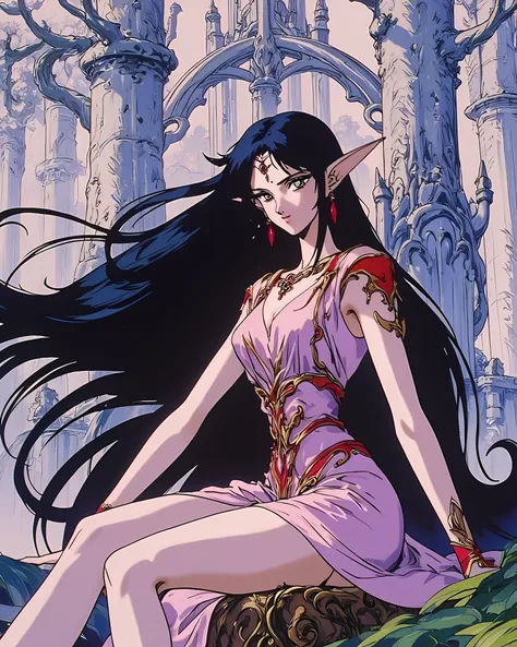 Rei Hino, black long hair, she has elven ears, intricate satin dress, sitting on a tree stomp,in a silver forest, huge silver trees, background silver elven castle, intricate architecture, Benisman, Benisman artstyle, Benisman Style, cel shading, high cont...
