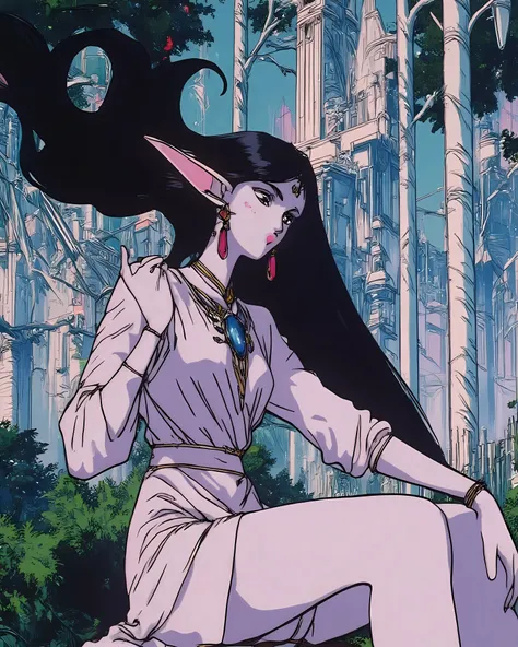 Rei Hino, black long hair, she has elven ears, intricate satin dress, sitting on a tree stomp,in a silver forest, huge silver trees, background silver elven castle, intricate architecture, Benisman, Benisman artstyle, Benisman Style, cel shading, high cont...
