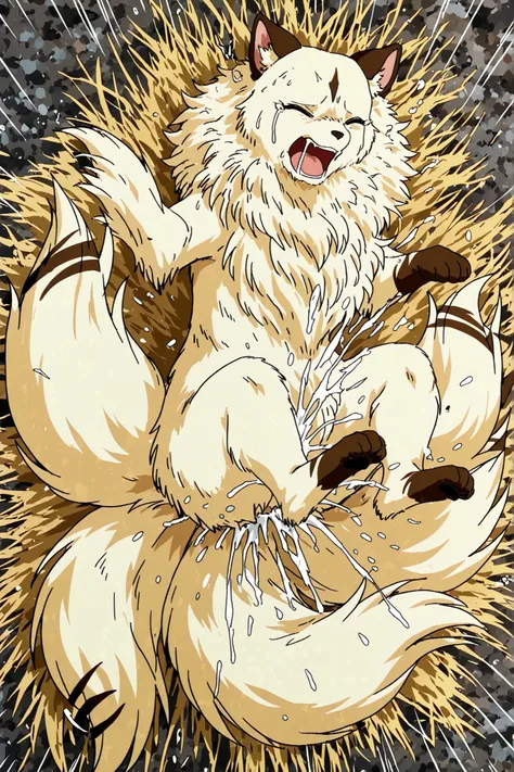 The  fluffy fur feral four legs non humanlike,no human tranform kirara with many tails having sex open mouth by the man,pain,closed eye,full body,  
