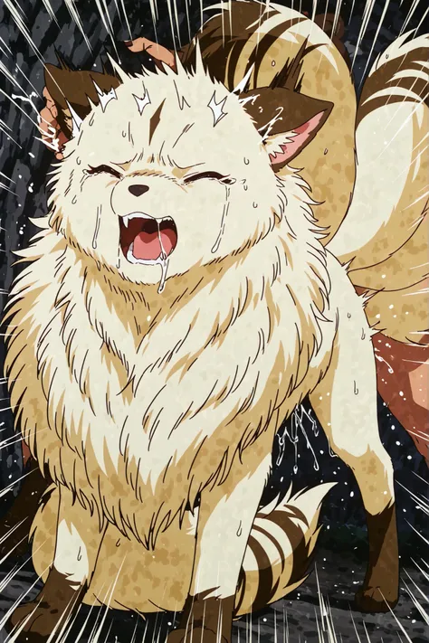 The  fluffy fur feral four legs non humanlike,no human tranform kirara with many tails having sex open mouth by the man,pain,closed eye,full body,  
