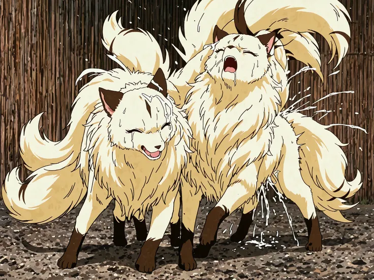 The  fluffy fur feral four legs non humanlike,no human tranform kirara with many tails having sex open mouth by the man,pain,closed eye,full body,  