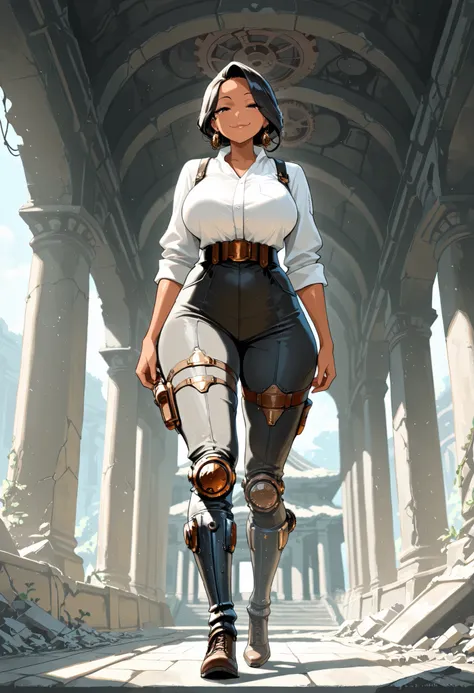 
masterpiece, best quality, amazing quality, very aesthetic, high resolution, newest, hyper-detailed, (long shot), solo, 1girl mature woman, half-giant, black hair, short gang hair, african tan skin, smug smile, mechanic legs, steampunk legs,fighter clothe...