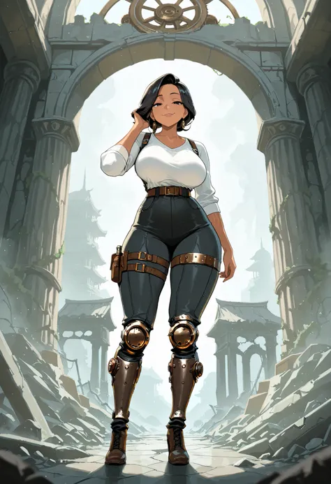 
masterpiece, best quality, amazing quality, very aesthetic, high resolution, newest, hyper-detailed, (long shot), solo, 1girl mature woman, half-giant, black hair, short gang hair, african tan skin, smug smile, mechanic legs, steampunk legs,fighter clothe...