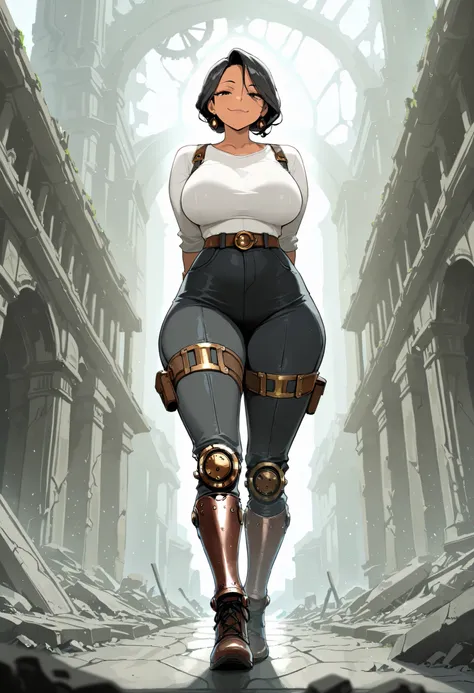 
masterpiece, best quality, amazing quality, very aesthetic, high resolution, newest, hyper-detailed, (long shot), solo, 1girl mature woman, half-giant, black hair, short gang hair, african tan skin, smug smile, mechanic legs, steampunk legs,fighter clothe...