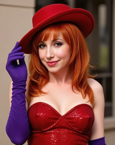hair covering one eye,jessica rabbit,A realistic, photographic image of Kari Byron, karibyron, cosplaying as Jessica Rabbit. Wearing sparkling red strapless dress and long purple gloves, wearing a broad rimmed red hat