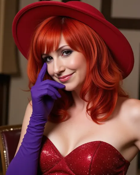 hair covering one eye,jessica rabbit,A realistic, photographic image of Kari Byron, karibyron, cosplaying as Jessica Rabbit. Wearing sparkling red strapless dress and long purple gloves, wearing a broad rimmed red hat