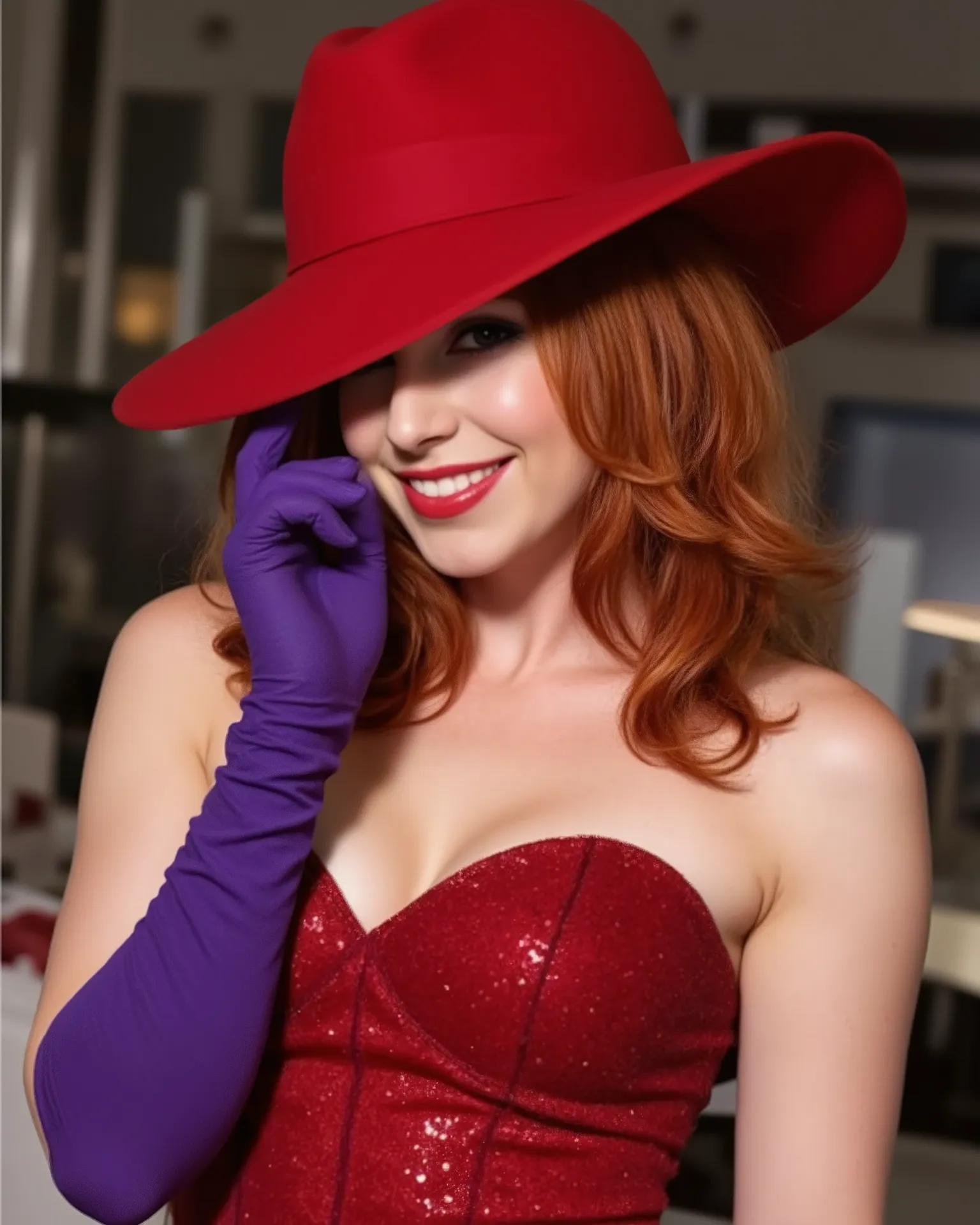 hair covering one eye,jessica rabbit,A realistic, photographic image of Kari Byron, karibyron, cosplaying as Jessica Rabbit. Wearing sparkling red strapless dress and long purple gloves, wearing a broad rimmed red hat