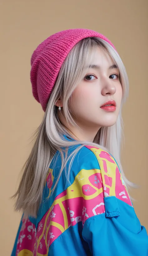 8k, masterpiece, half view , fashion photography ,dynamic posture, Pretty girl wearing a long shirt, , , , , straight white hair and bangs, White skin, bright blue eyes with pink and blue eyeshadow, nude lips, wearing a bright outfit, , , , a colorful jack...