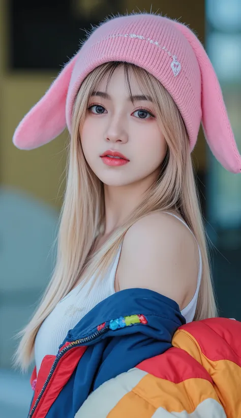 8k, masterpiece, half view , fashion photography ,dynamic posture, Indonesian girl, Pretty girl wearing a long shirt, , , , , straight white hair and bangs, White skin, bright blue eyes with pink and blue eyeshadow, nude lips, wearing a bright outfit, , , ...
