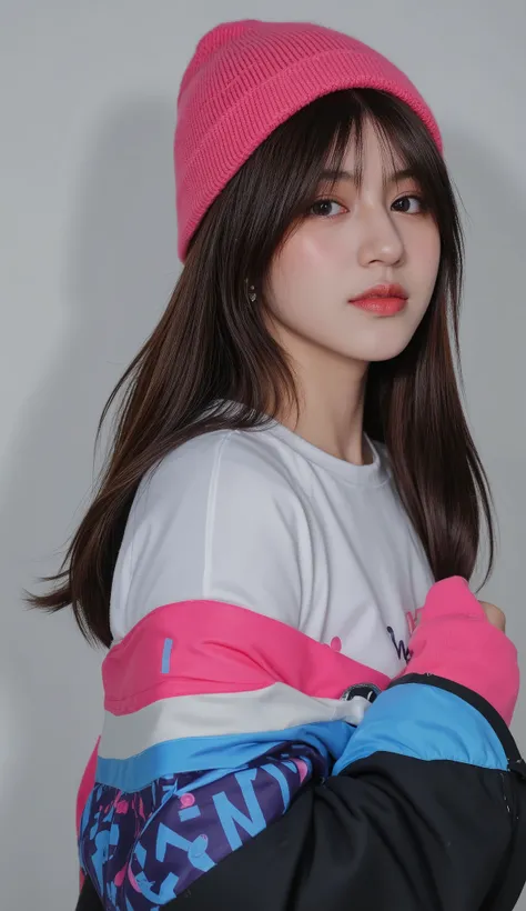 8k, masterpiece, half view , fashion photography ,dynamic posture, Indonesian girl, Pretty girl wearing a long shirt, , , , , straight black hair and bangs, White skin, bright blue eyes with pink and blue eyeshadow, nude lips, wearing a bright outfit, , , ...