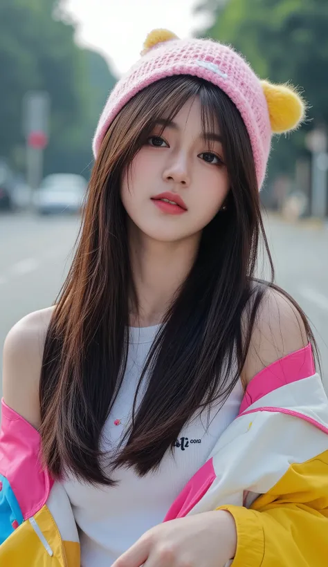 8k, masterpiece, half view , fashion photography ,dynamic posture, Indonesian girl, Pretty girl wearing a long shirt, , , , , straight black hair and bangs, White skin, bright blue eyes with pink and blue eyeshadow, nude lips, wearing a bright outfit, , , ...