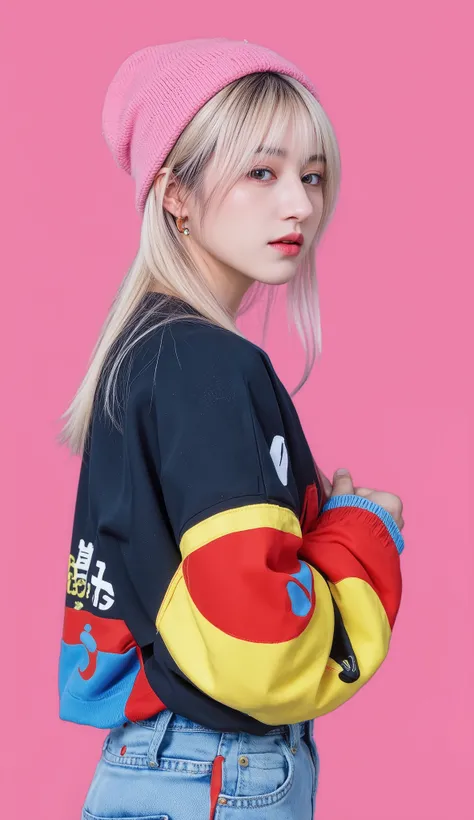 8k, masterpiece, half view , fashion photography ,dynamic posture, Pretty girl wearing a long shirt, , , , , straight white hair and bangs, White skin, bright blue eyes with pink and blue eyeshadow, nude lips, wearing a bright outfit, , , , a colorful jack...