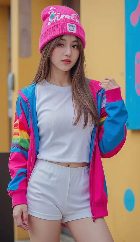 8k, masterpiece, half view , fashion photography ,dynamic posture, Indonesian girl, Pretty girl wearing a long shirt, , , , , straight white hair and bangs, White skin, bright blue eyes with pink and blue eyeshadow, nude lips, wearing a bright outfit, , , ...