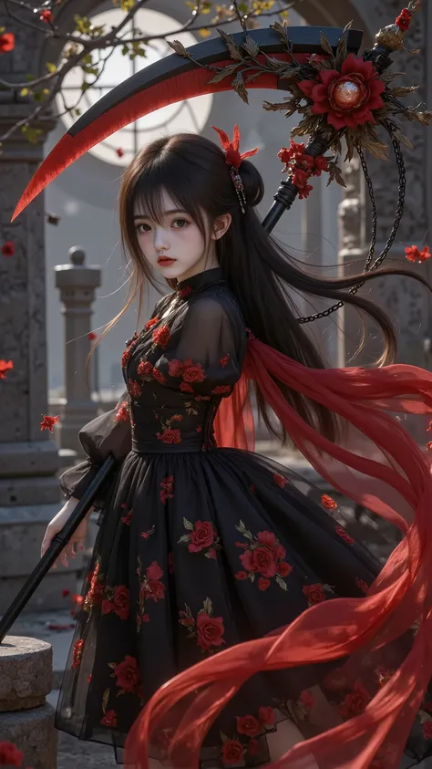 The photo depicts a young girl in anime style, which stands out with a brilliant black and red tone, creating a mysterious and powerful feeling.
Overall : The girl stands in the middle of a seemingly gloomy scene, which could be a forest or a cemetery, với...