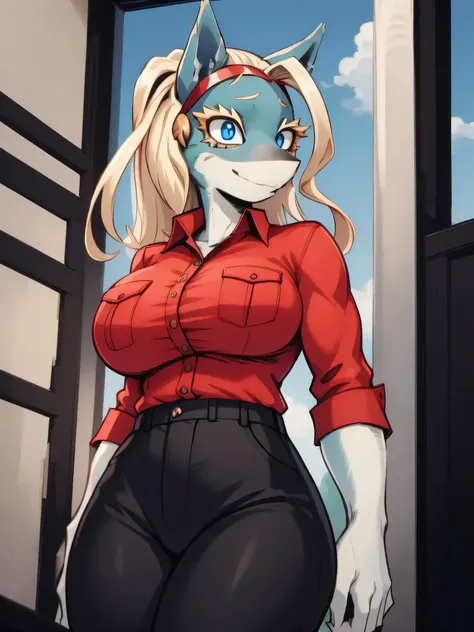 RAW photo, (high detailed skin, detailed eyes:1.1), intricate details, best quality, 8k uhd, 1girl, solo, furry, ippanjosei, (gigantic breasts: 1.6), two-tone fur, red shirt, collared shirt, black pants, standing, wide hips, blue eyes, shirt tucked in, lig...