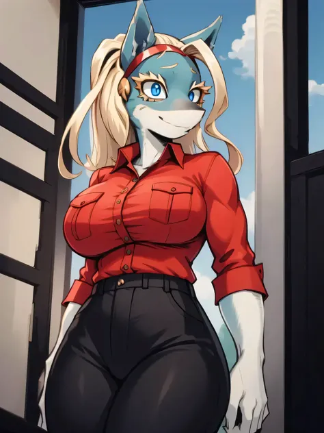 RAW photo, (high detailed skin, detailed eyes:1.1), intricate details, best quality, 8k uhd, 1girl, solo, furry, ippanjosei, (gigantic breasts: 1.6), two-tone fur, red shirt, collared shirt, black pants, standing, wide hips, blue eyes, shirt tucked in, lig...