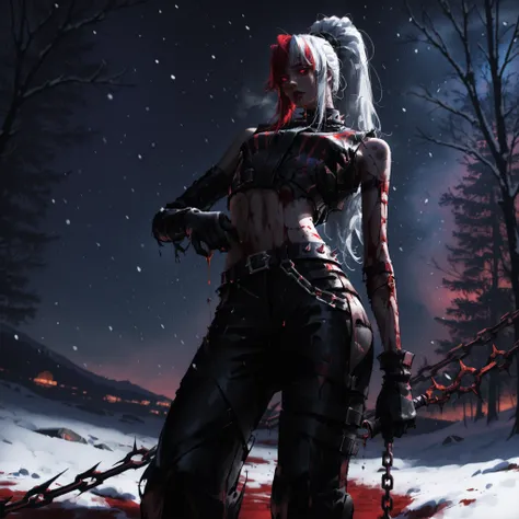 artist: wlop, masterpiece, best quality, illustration,( a vampire with pale skin), silvery white hair, long hair, red eyes, ponytail, left side bangs of hair red color, detailed face, tight dark red and black leather pants with ripped holes , wearing cream...