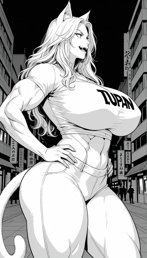 Manga art, Muscular woman, huge breasts, thick muscular thighs, wide curvy hips, voluptuous body, Curvy body, thicc woman, warrior woman, cat ears, tail, fangs, wearing tight pant, shirt, navel, midriff, side view, hands on hips,  black and white, manga Ar...