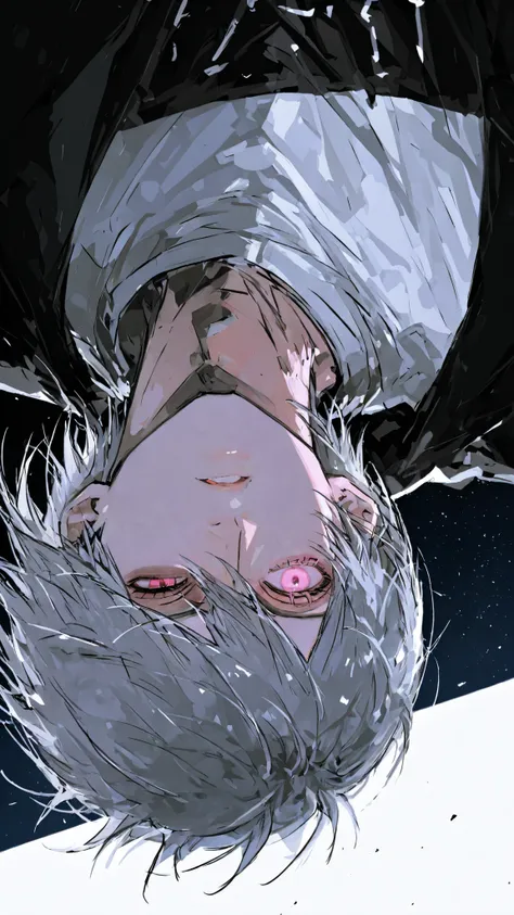 High Definition　One man　falls upside down against a black night sky　is cool　white street fashion　style is good there　gray hair　One eye looks like the moon　shocking pink eyes　the wind is blowing