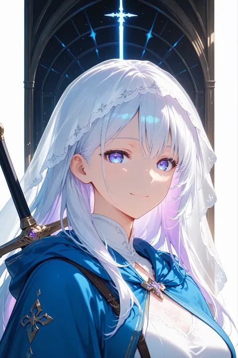 white ultra long hair, violet tone, sword, adult female, fantasy, light article, little smile, white clothes, white veil, violet eyes, blue cloak, white hair, portrait, look at a viewer