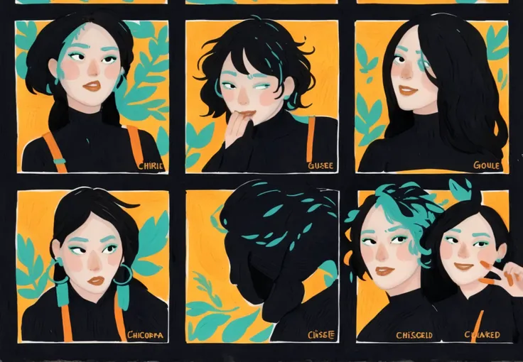 1girl, 2d art, flat colors, full body portrait, black clothes, dynamic poses, simple black eyes, gouache texture, full body portrait, gouache painting, vibrant colors, chiseled features, thick gouache render, novuschroma57 style cartoon, in gougoupaintleav...