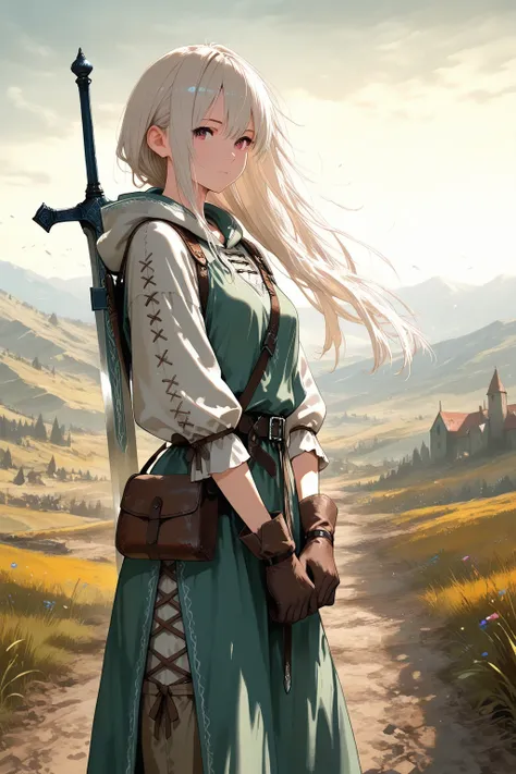 傑作, 8k, fantasy world, female character, 1girl, high detailed black cotton tunic, (wind blows), wide pants, glove, boots, slender body, medium chest, white long with hoodie, long hairstyle, thin blond hair, many items, cinematic lighting, dramatic atmosphere, intricate details, vivid colors, fantasy landscape, medieval Wasteland, digital art, equip a long sword on back, hip bag, pigeon toed, looking at viewer, morning, cowboy shot, from side,