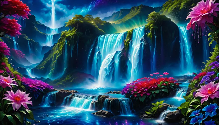 Shiny purple |Pink|blue waterfall amongst strange magic flowers, At night, glowing fairy lights , magic, High quality fairyland waterfall, Realistic Water, ripple, 8k,(A mysterious and majestic large waterfall that can be seen behind:1.5),landscape photos ...