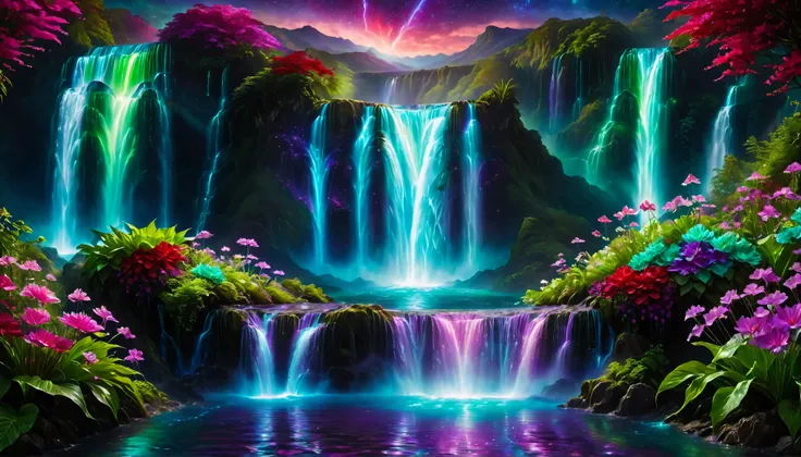 Shiny purple |Pink|turquoise green |blue waterfall amongst strange magic flowers, At night, glowing fairy lights , magic, High quality fairyland waterfall, Realistic Water, ripple, 8k,(A mysterious and majestic large waterfall that can be seen behind:1.5),...