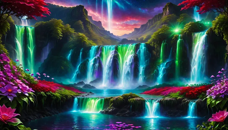 Shiny purple |Pink|turquoise green |blue waterfall amongst strange magic flowers, At night, glowing fairy lights , magic, High quality fairyland waterfall, Realistic Water, ripple, 8k,(A mysterious and majestic large waterfall that can be seen behind:1.5),...