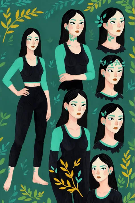 1girl, 2d art, flat colors, full body portrait, black clothes, dynamic poses, simple black eyes, gouache texture, full body portrait, gouache painting, vibrant colors, chiseled features, thick gouache render, novuschroma57 style cartoon, in gougoupaintleav...