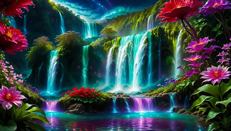 Shiny purple |Pink|turquoise green |blue waterfall amongst strange magic flowers, At night, glowing fairy lights , magic, High quality fairyland waterfall, Realistic Water, ripple, 8k,(A mysterious and majestic large waterfall that can be seen behind:1.5),...