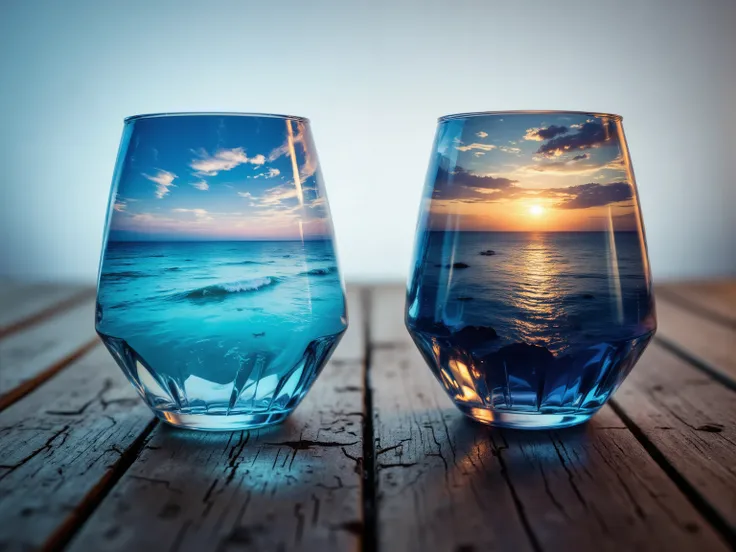 complex double exposure of the highest quality. Highly detailed still life photography of two half-filled transparent Faceted glasses on an old wooden table with natural cracks and grain. Soft  lighting from side creates delicate reflections on the glass. ...