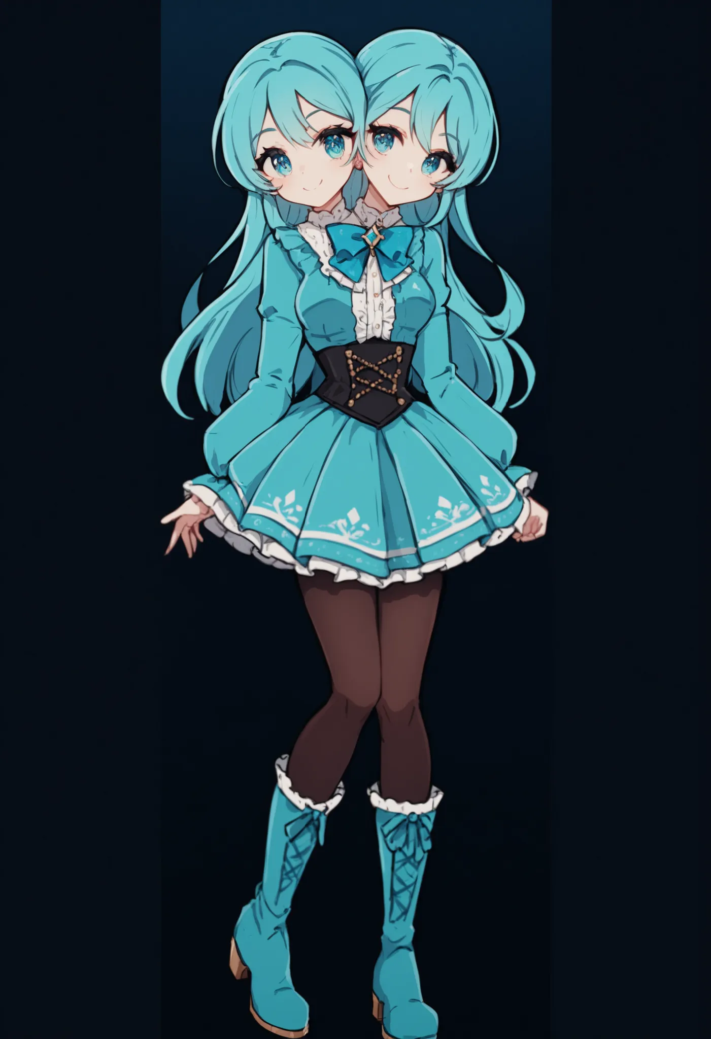 ((best quality), (high quality), (detailed), (masterpiece), good artist, 1girl, (2heads:1.5), ((long waist-length aqua blue hair:1.5)), ((long hair:1.5)),((frilly sky blue and cyan dress with a large waist ribbon)), (a lace-up bodice with a large chest bow...