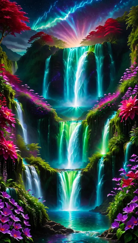 Shiny purple |Pink|turquoise green |blue waterfall amongst strange magic flowers, At night, glowing fairy lights , magic, High quality fairyland waterfall, Realistic Water, ripple, 8k,(A mysterious and majestic large waterfall that can be seen behind:1.5),...