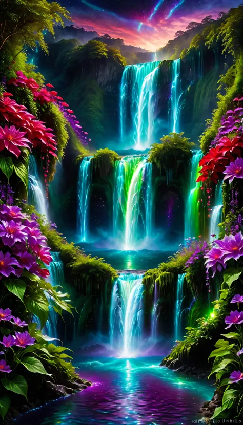Shiny purple |Pink|turquoise green |blue waterfall amongst strange magic flowers, At night, glowing fairy lights , magic, High quality fairyland waterfall, Realistic Water, ripple, 8k,(A mysterious and majestic large waterfall that can be seen behind:1.5),...